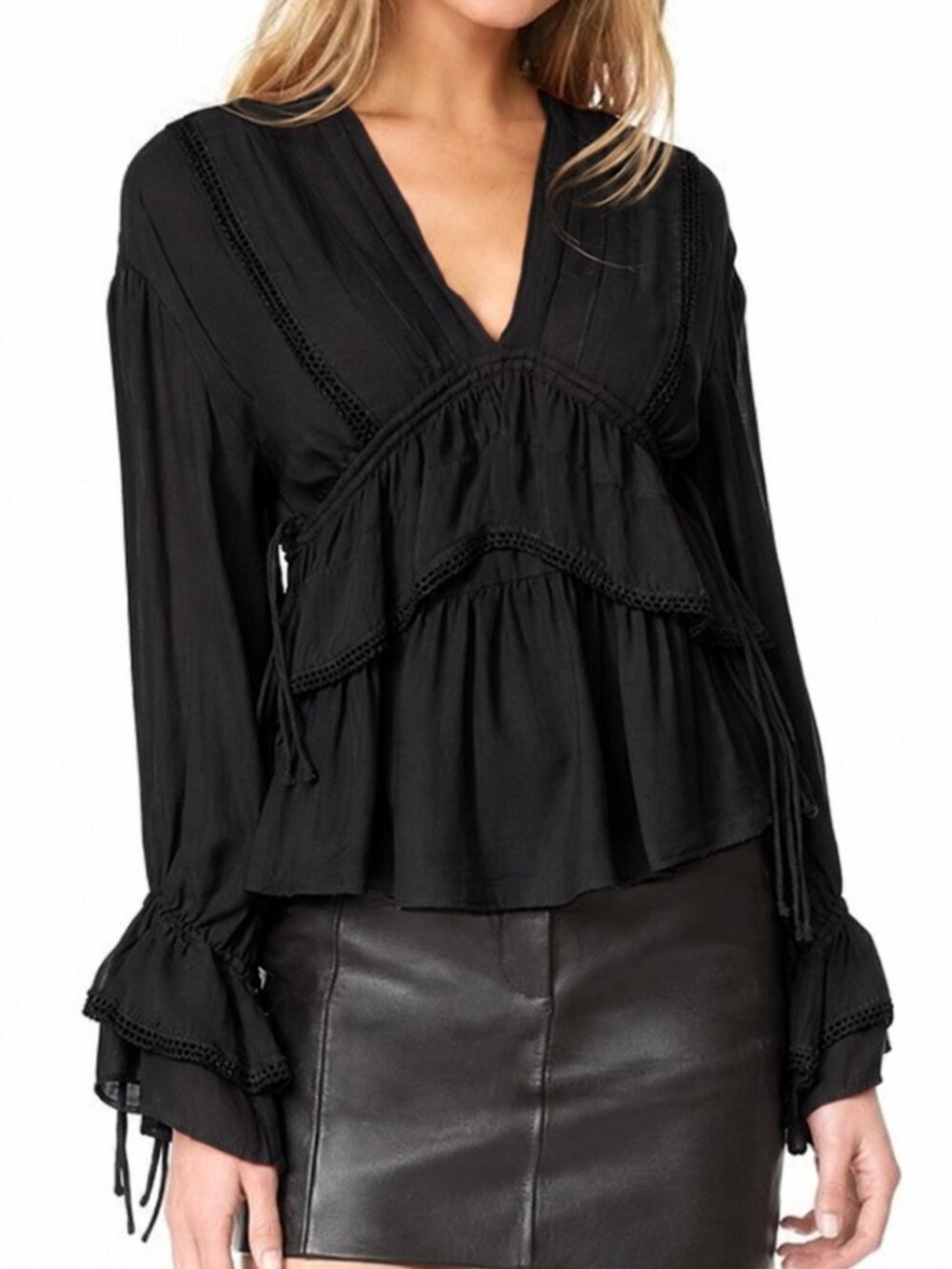 IRO "Celena" Embroidered Ruffle Boho V-Neck Crepe Black Long Sleeve Blouse L